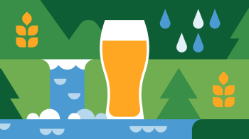 图形与啤酒，瀑布和绿色植物的玻璃